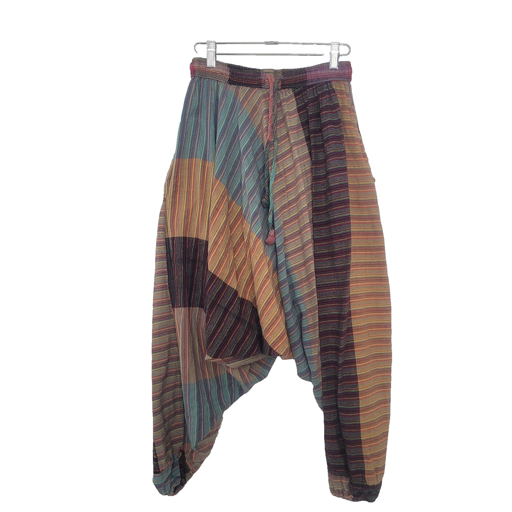 Striped Patchwork Cropped Harem Pants Size S Boho Hippie Earthy Drop Crotch